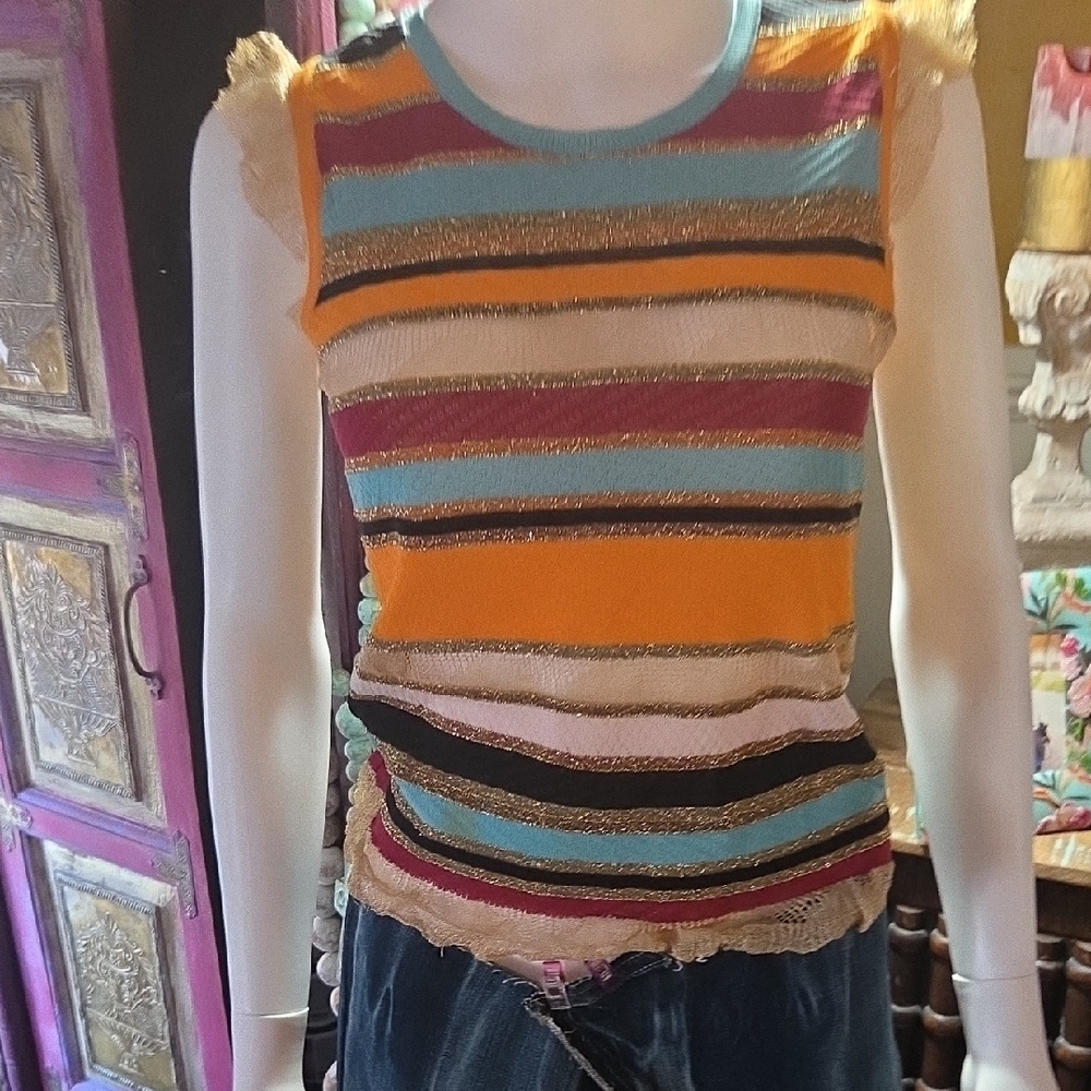 Moschino Colorful Striped Tank with Lace Accents